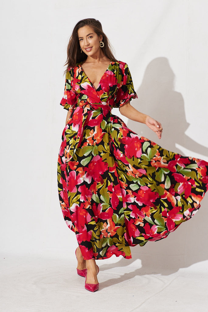 Rondal Maxi Wrap Dress In Black With Multi Floral - full length