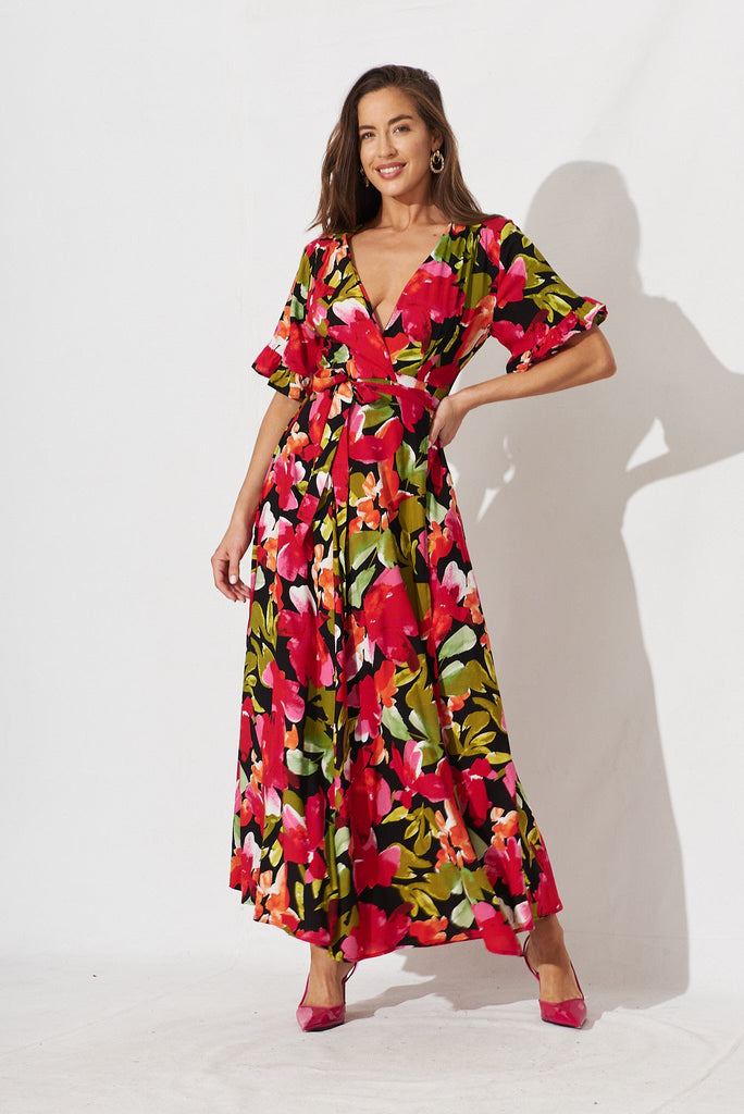 Rondal Maxi Wrap Dress In Black With Multi Floral - full length