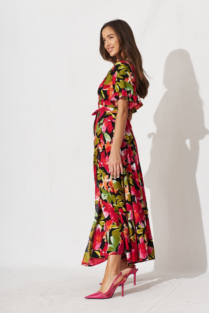 Rondal Maxi Wrap Dress In Black With Multi Floral - side