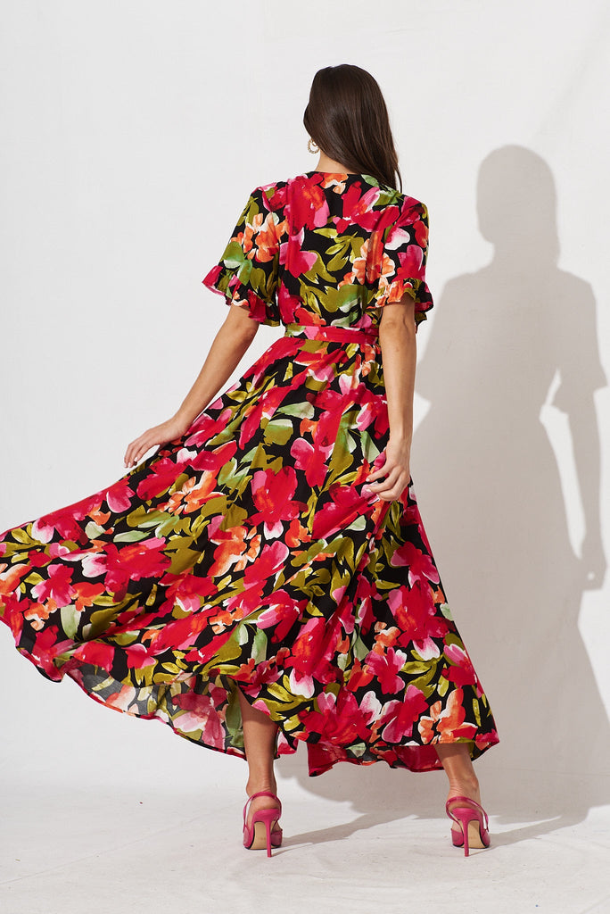 Rondal Maxi Wrap Dress In Black With Multi Floral - back