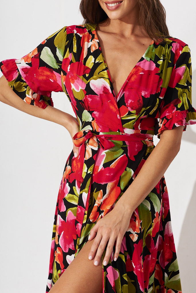 Rondal Maxi Wrap Dress In Black With Multi Floral - detail