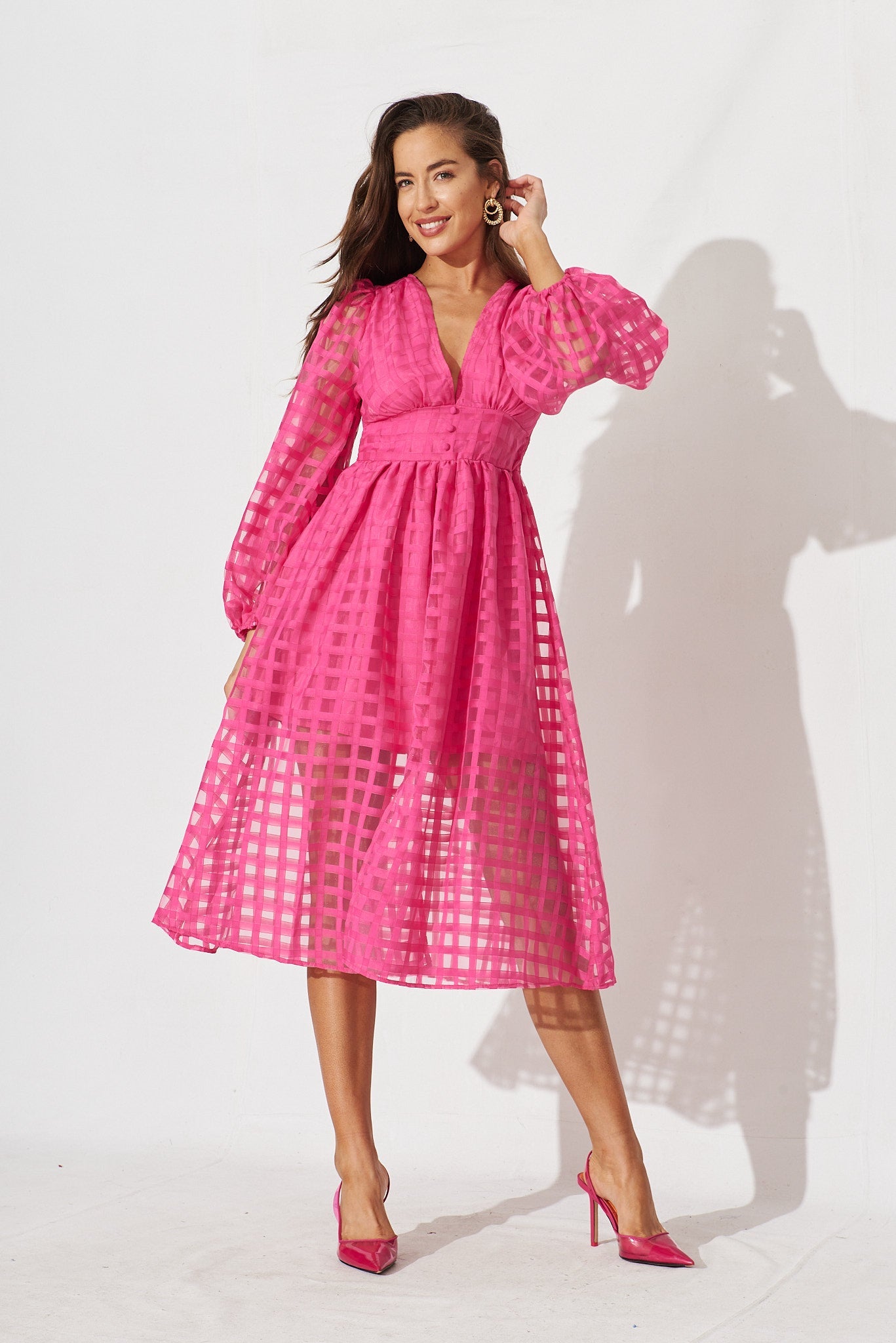 Destine Midi Dress In Pink Organza - full length