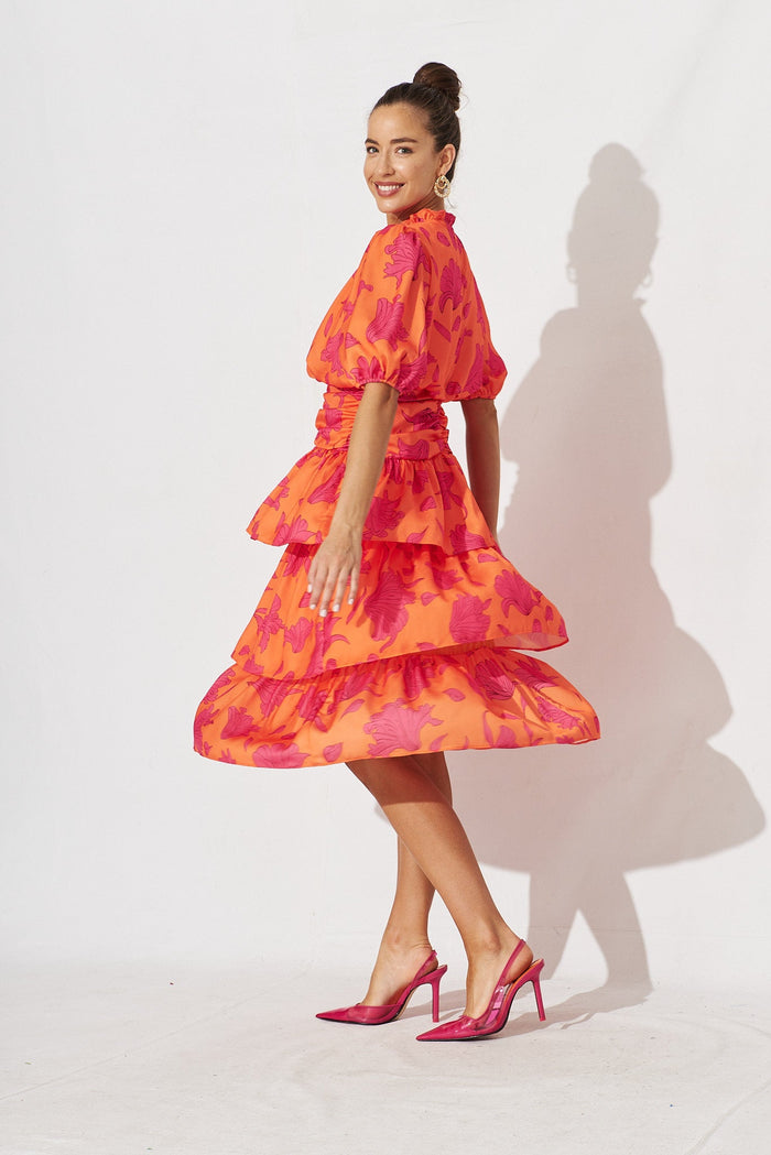 Alexiah Midi Dress In Coral With Pink Floral - side
