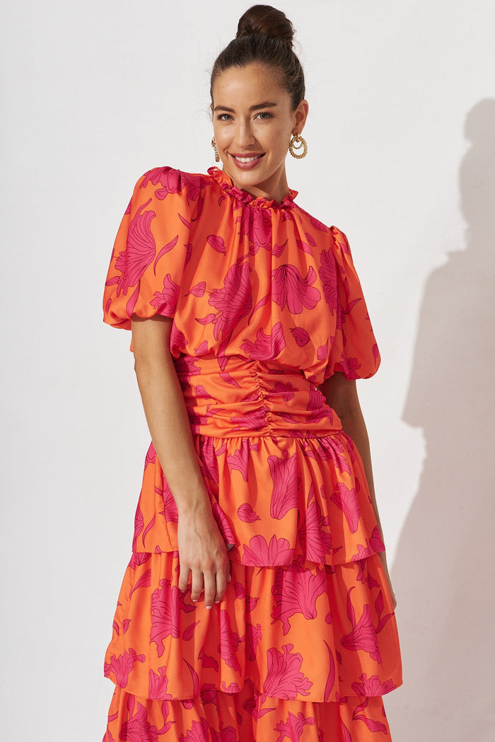 Alexiah Midi Dress In Coral With Pink Floral - front