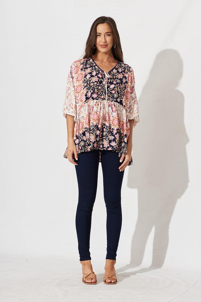 Roseta Smock Top In Navy With Pink Boho Floral - full length