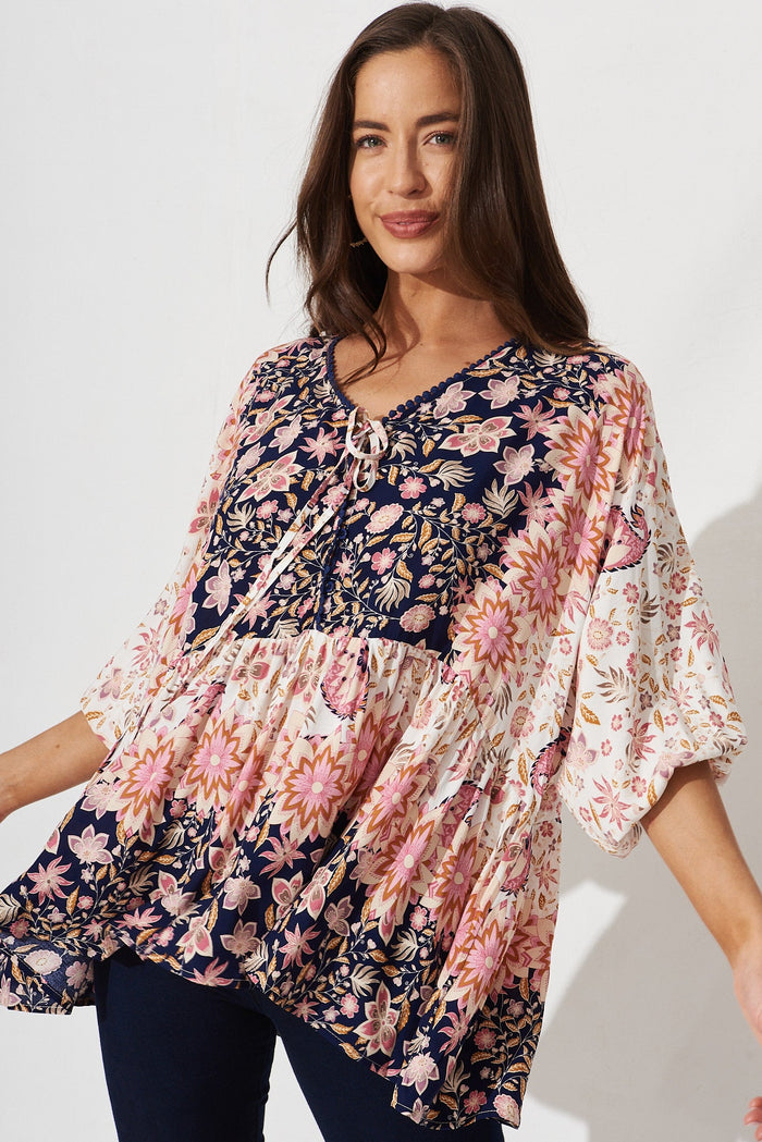Roseta Smock Top In Navy With Pink Boho Floral - front