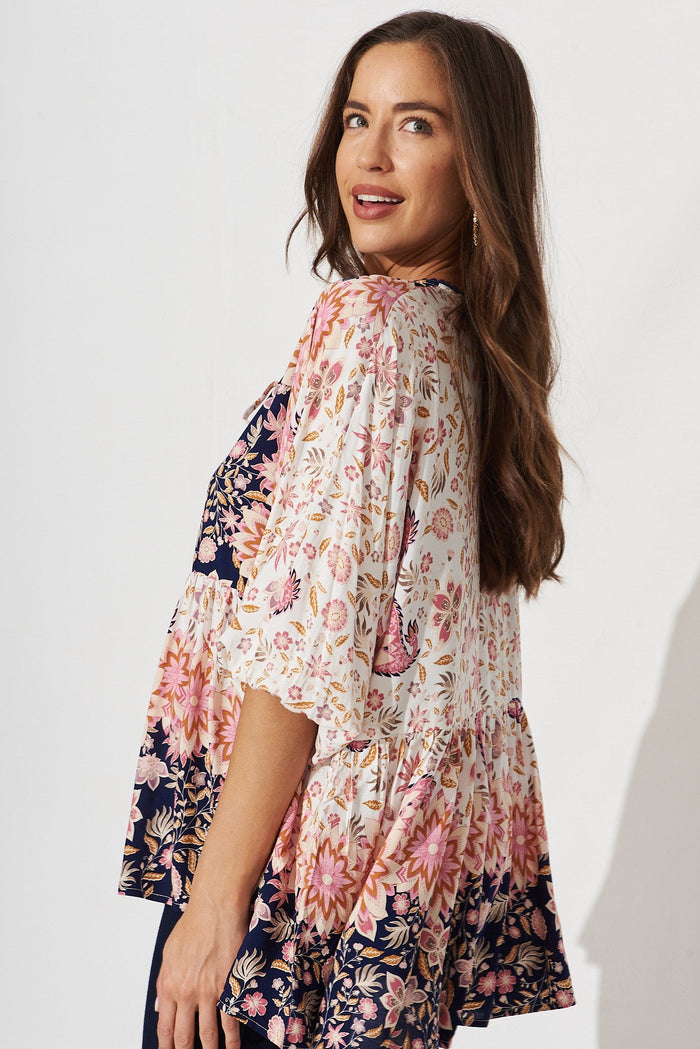 Roseta Smock Top In Navy With Pink Boho Floral - side