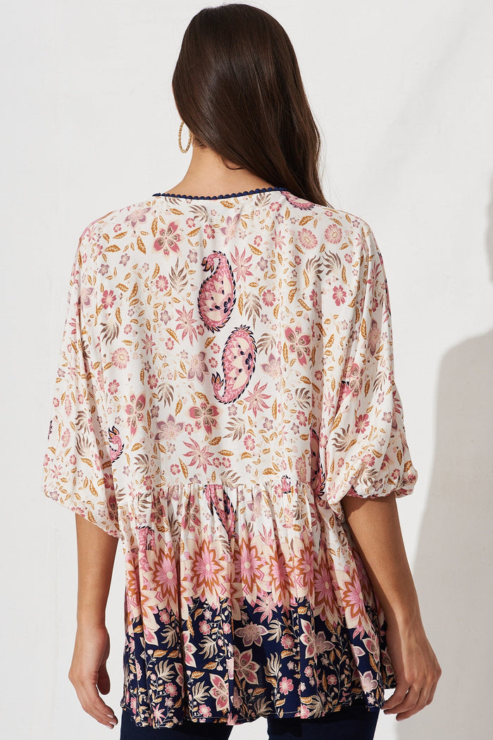Roseta Smock Top In Navy With Pink Boho Floral - back