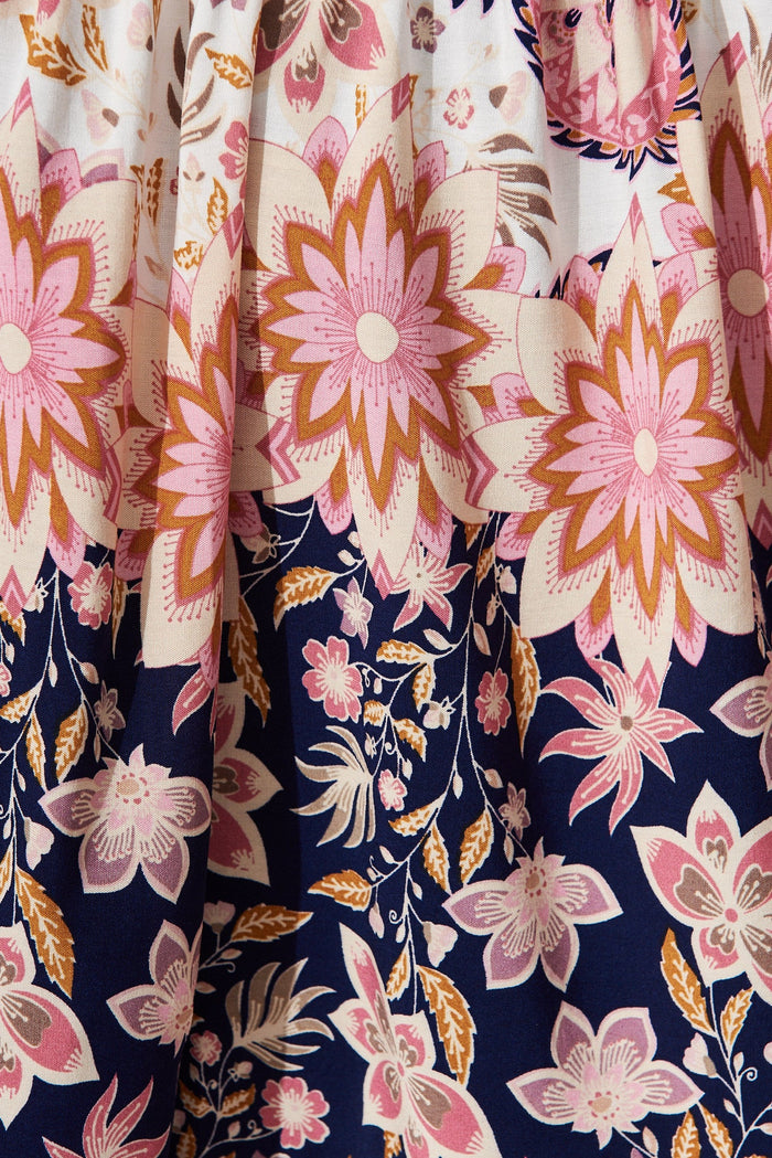 Roseta Smock Top In Navy With Pink Boho Floral - fabric
