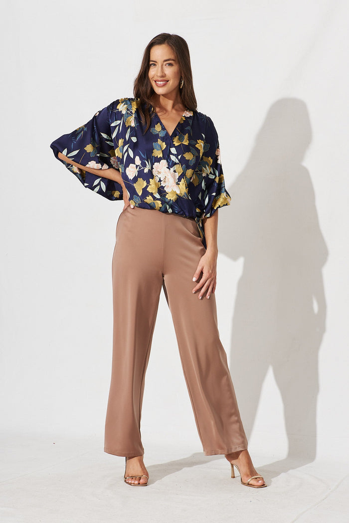 Solita Top In Navy Floral Satin - full length