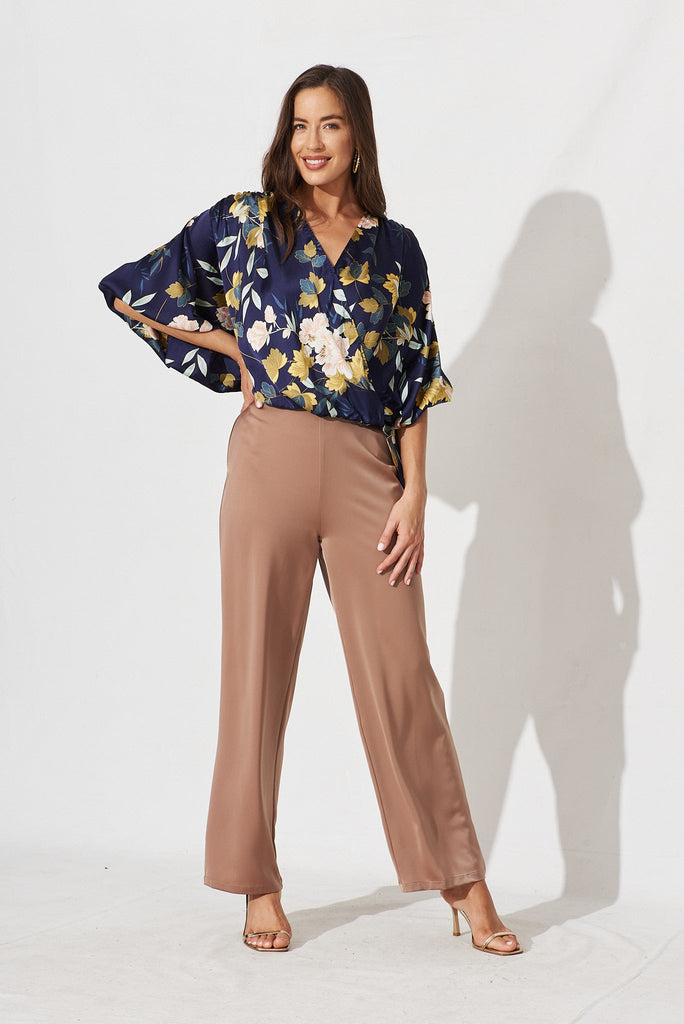 Solita Top In Navy Floral Satin - full length