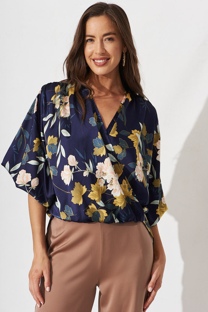Solita Top In Navy Floral Satin - front