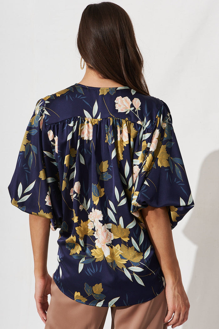 Solita Top In Navy Floral Satin - back