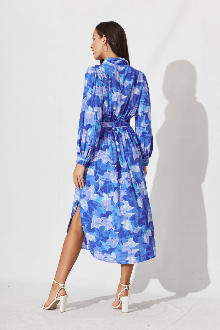 Shaneena Midi Shirt Dress In Blue Geometric Floral - back