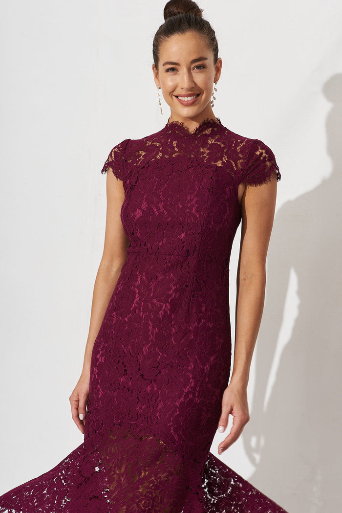 Emilise Midi Dress In Burgundy Lace - front