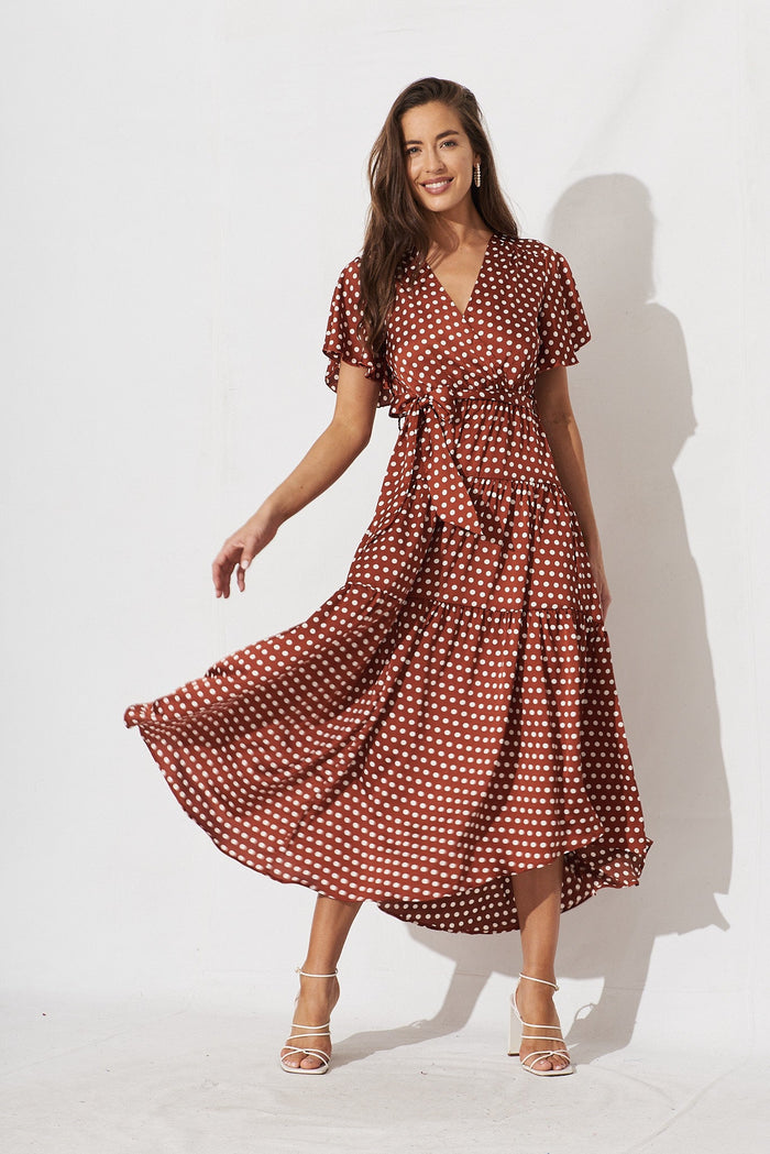 Contessa Maxi Dress In Rust With White Spot Satin - full length