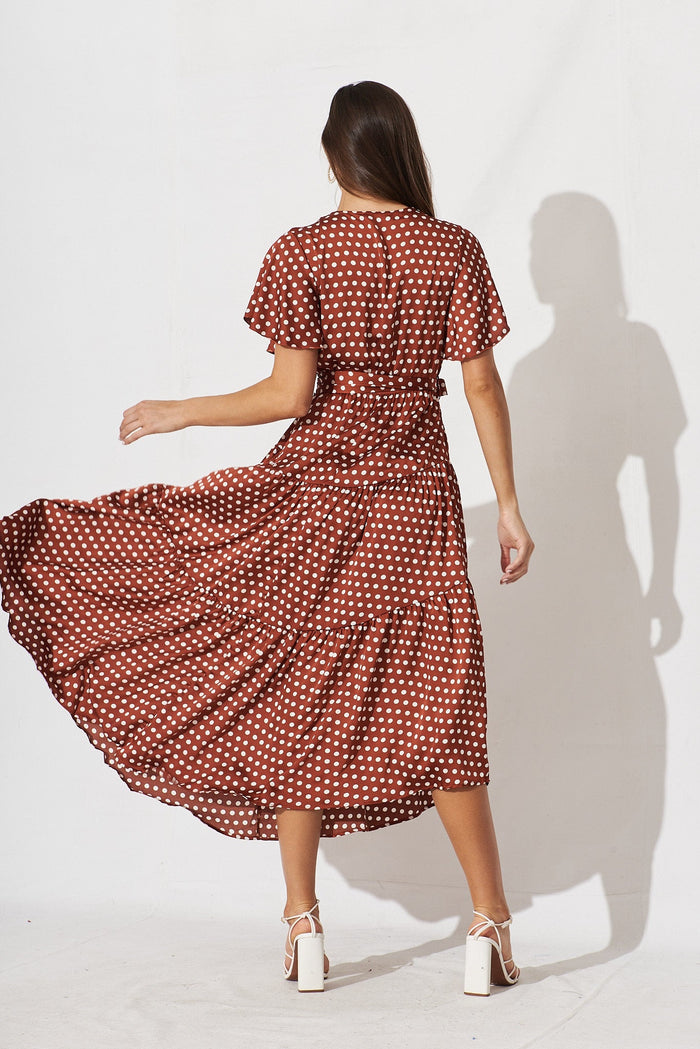 Contessa Maxi Dress In Rust With White Spot Satin - back