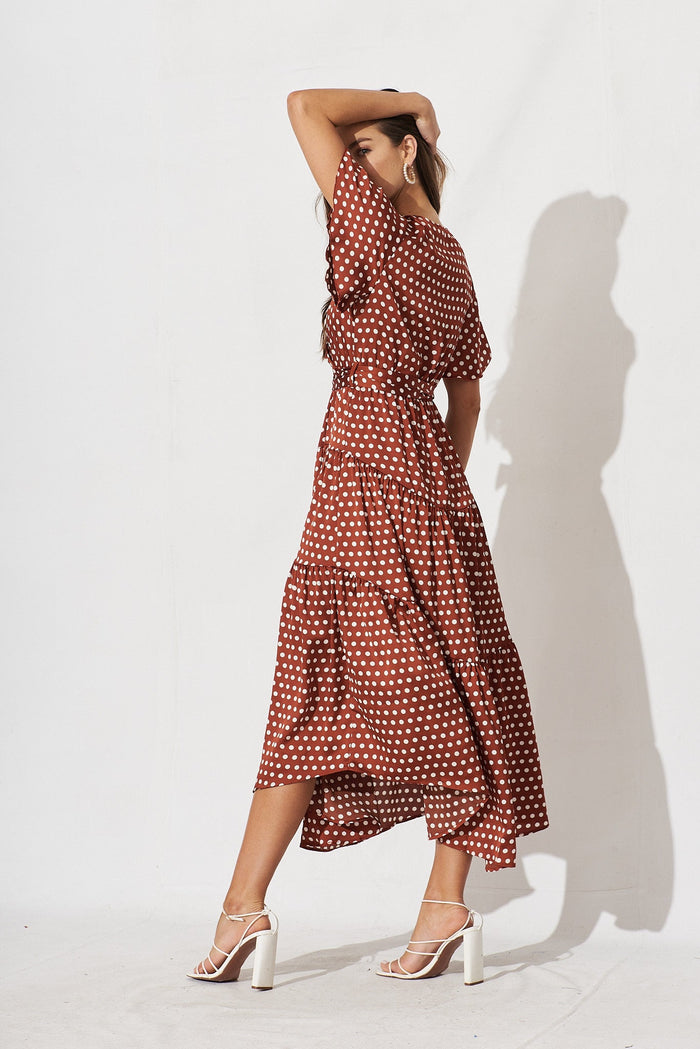 Contessa Maxi Dress In Rust With White Spot Satin - side