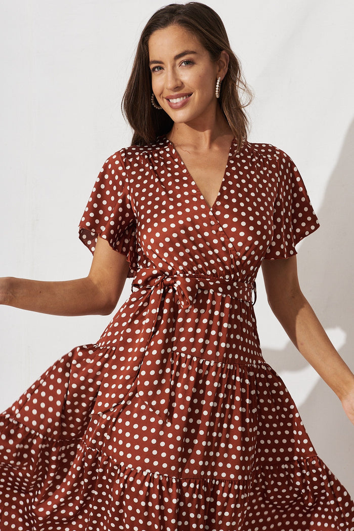 Contessa Maxi Dress In Rust With White Spot Satin - front