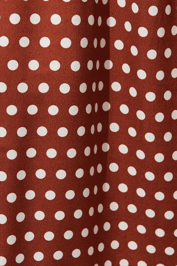 Contessa Maxi Dress In Rust With White Spot Satin - fabric