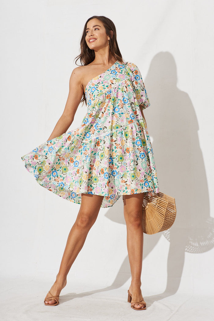 Juniper Dress In White With Multi Floral - full length