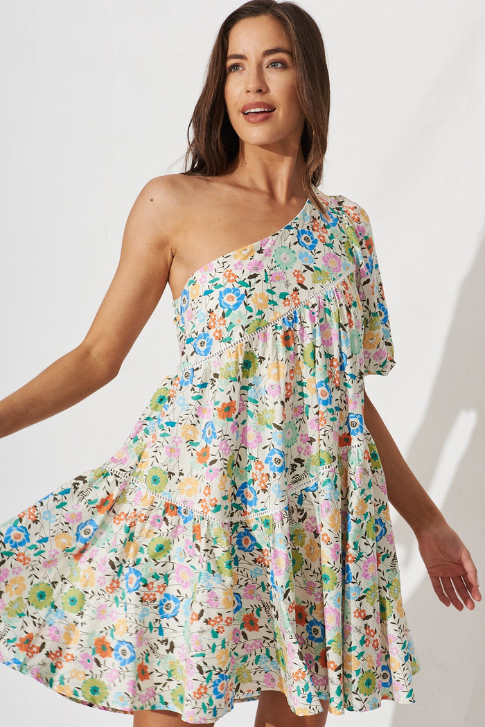 Juniper Dress In White With Multi Floral - front
