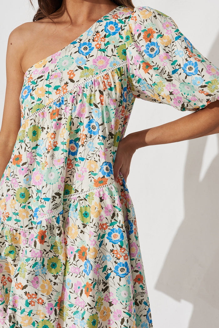 Juniper Dress In White With Multi Floral - detail