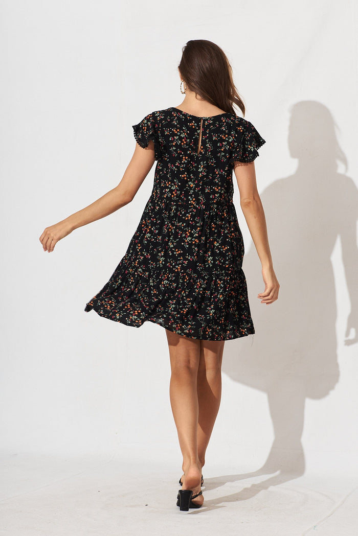 Elienor Tiered Dress In Black With Multi Ditsy Floral - back