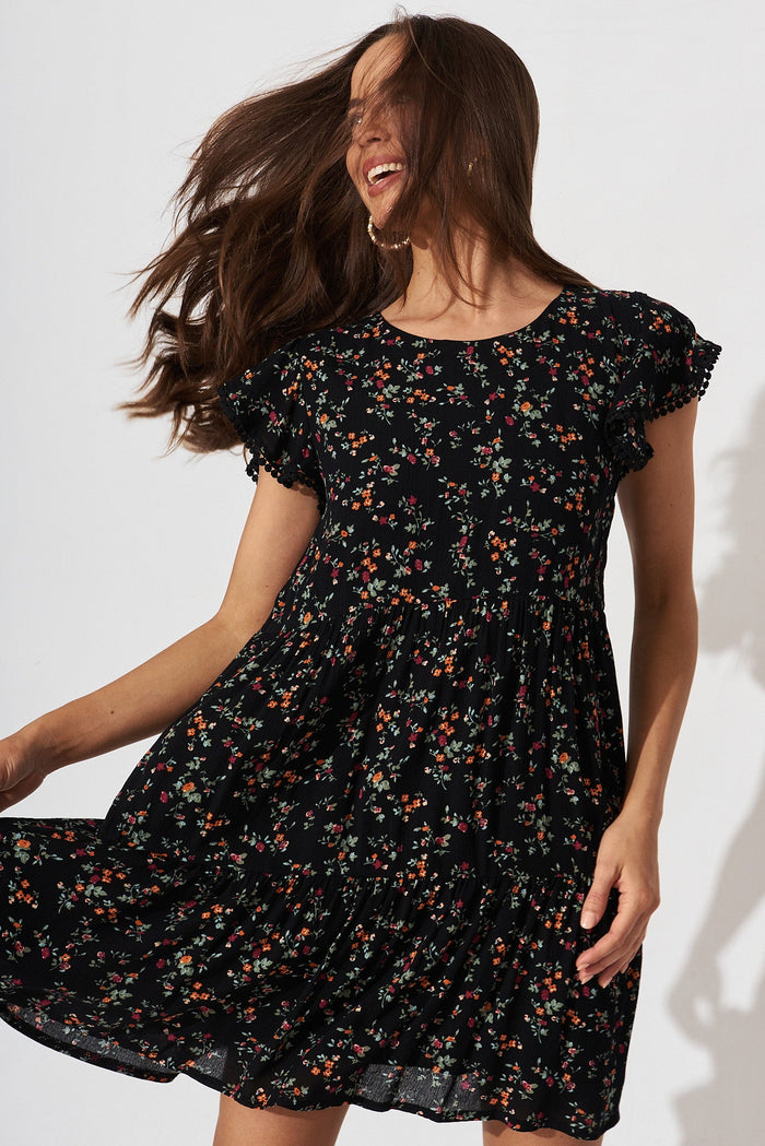 Elienor Tiered Dress In Black With Multi Ditsy Floral - front