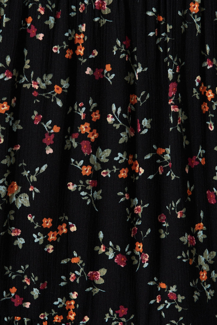 Elienor Tiered Dress In Black With Multi Ditsy Floral - fabric