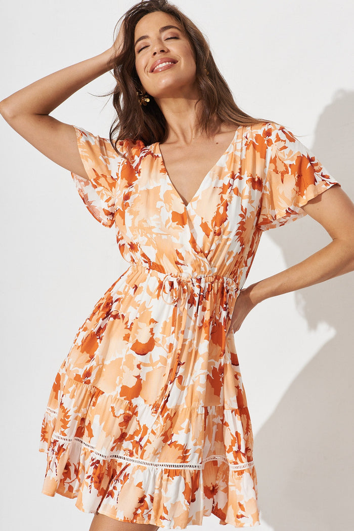Prissa Dress In White With Rust Floral - front