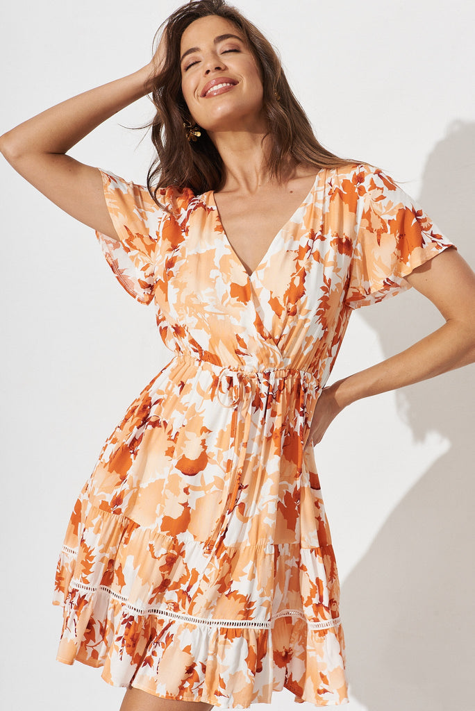 Prissa Dress In White With Rust Floral - front