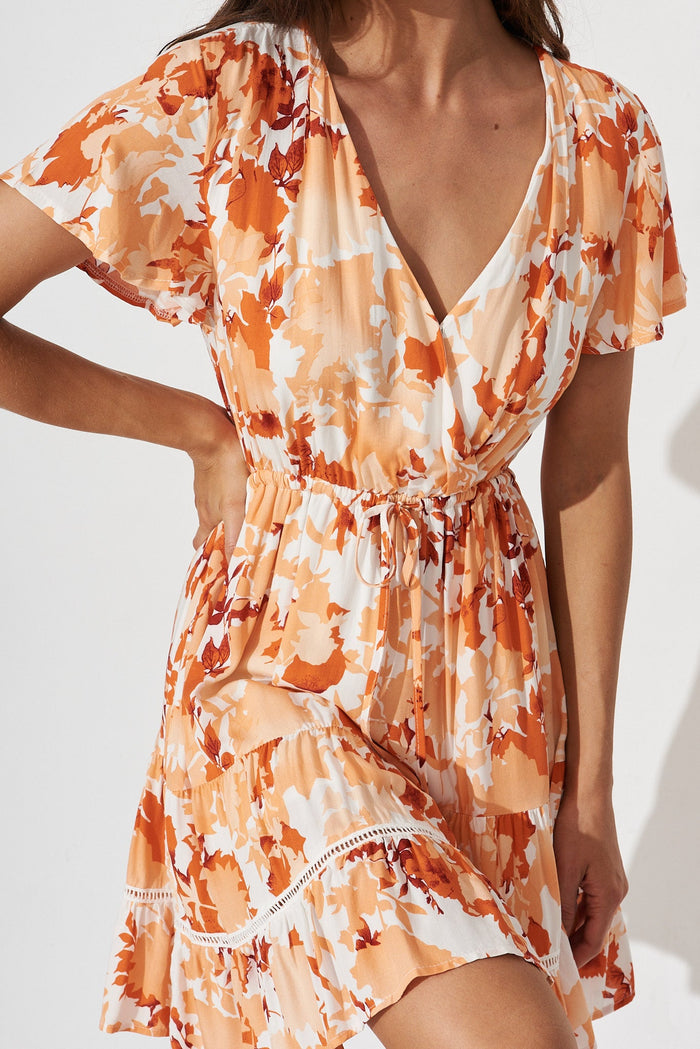 Prissa Dress In White With Rust Floral - detail
