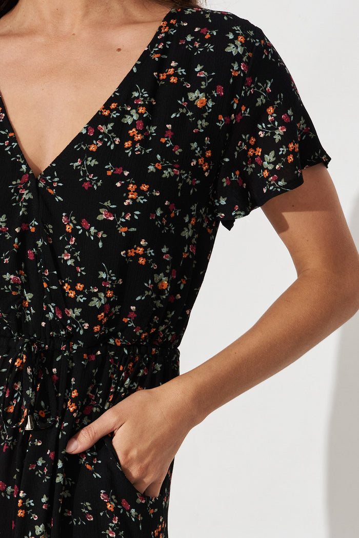 Billie Dress In Black With Multi Ditsy Floral - detail