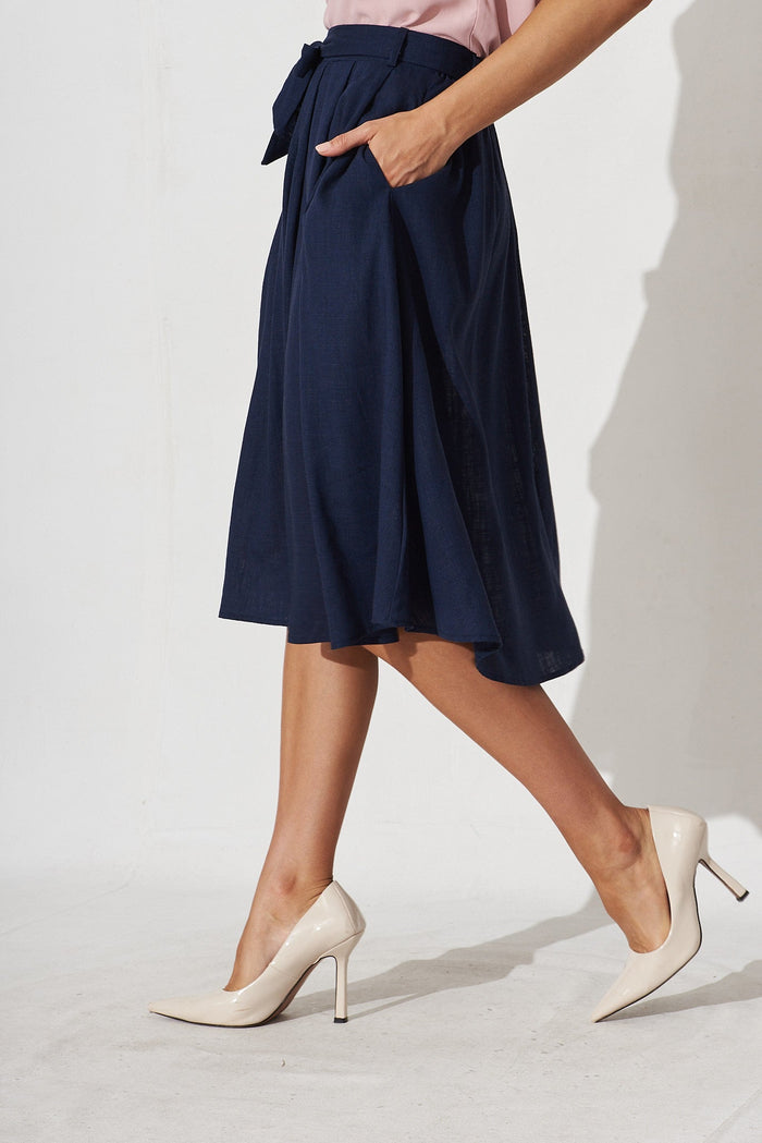 Bailey Midi Skirt In Navy Linen - side