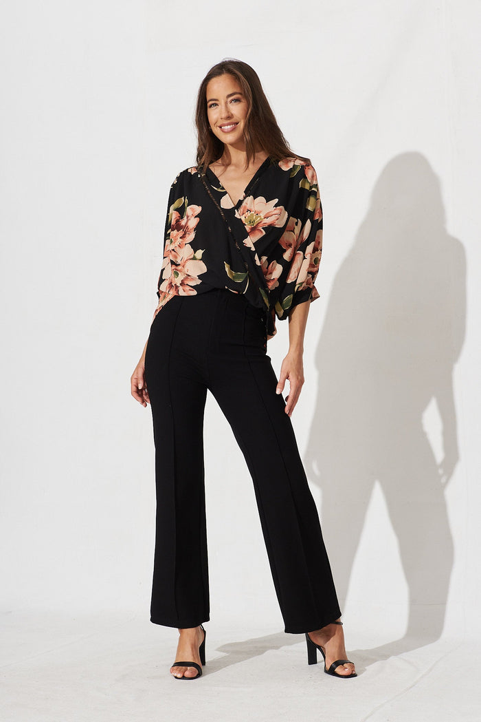 Marliboo Mock Wrap Top In Black With Blush Floral - full length