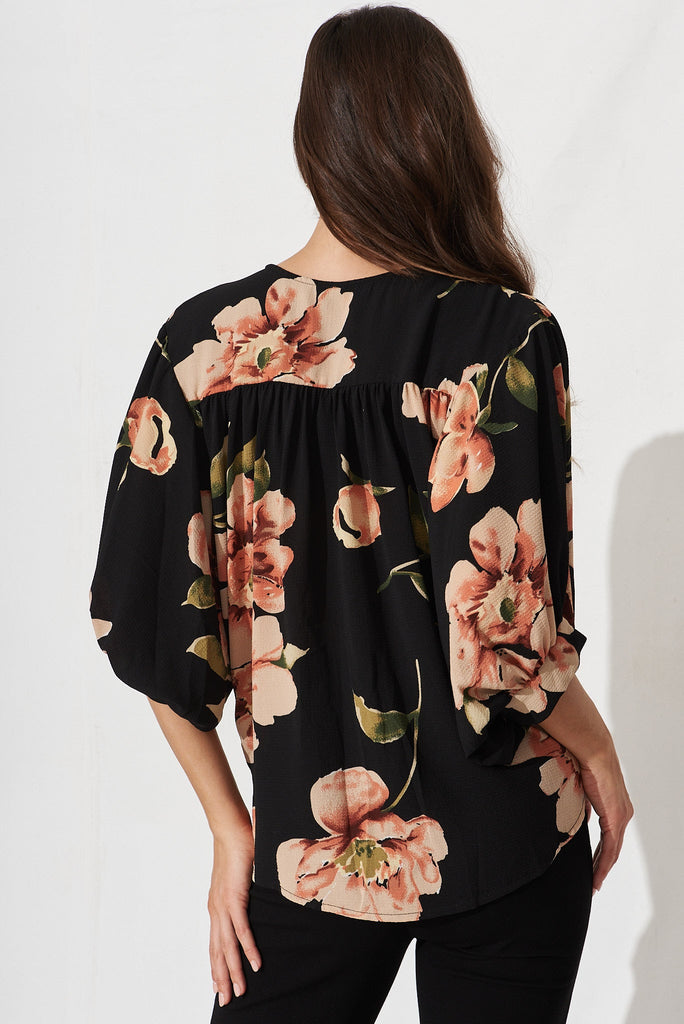 Marliboo Mock Wrap Top In Black With Blush Floral - back