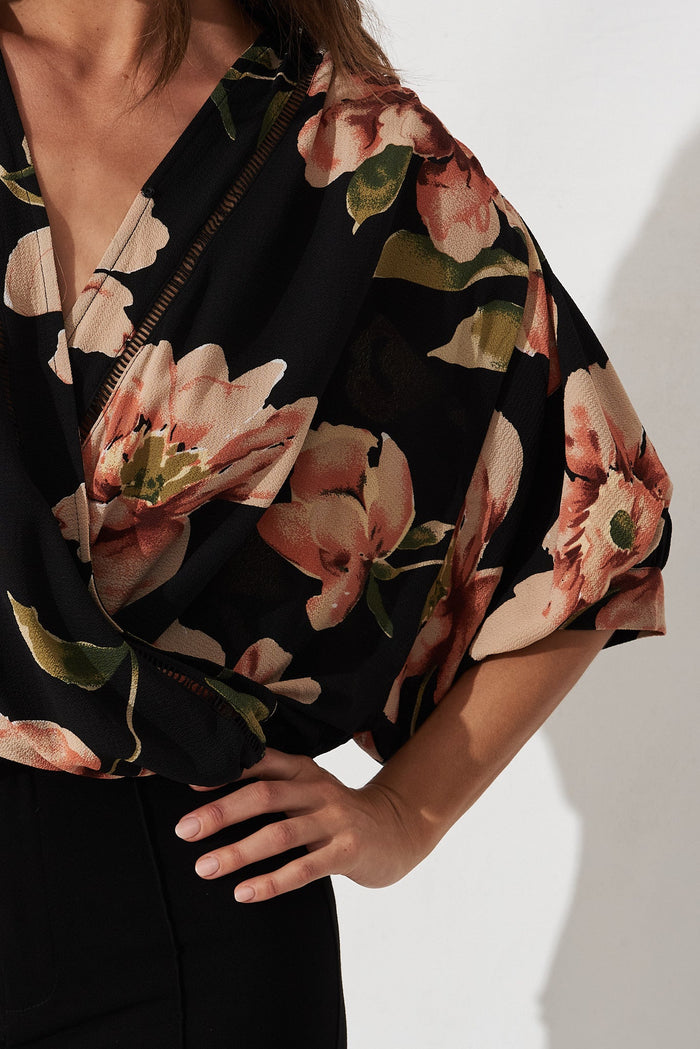 Marliboo Mock Wrap Top In Black With Blush Floral - detail