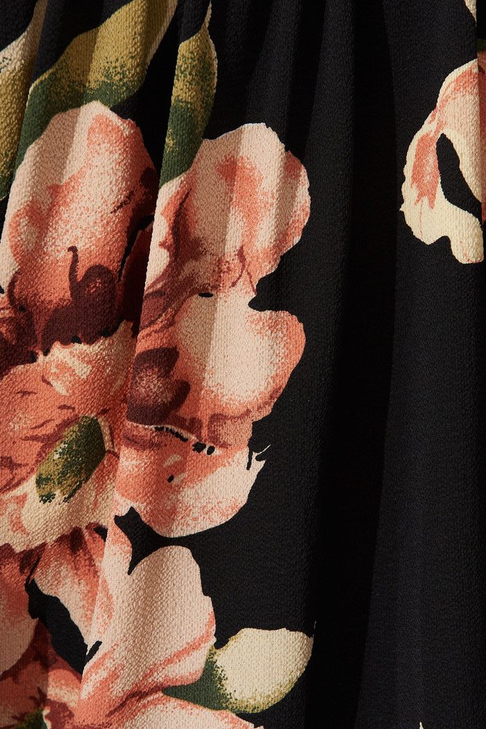 Marliboo Mock Wrap Top In Black With Blush Floral - fabric