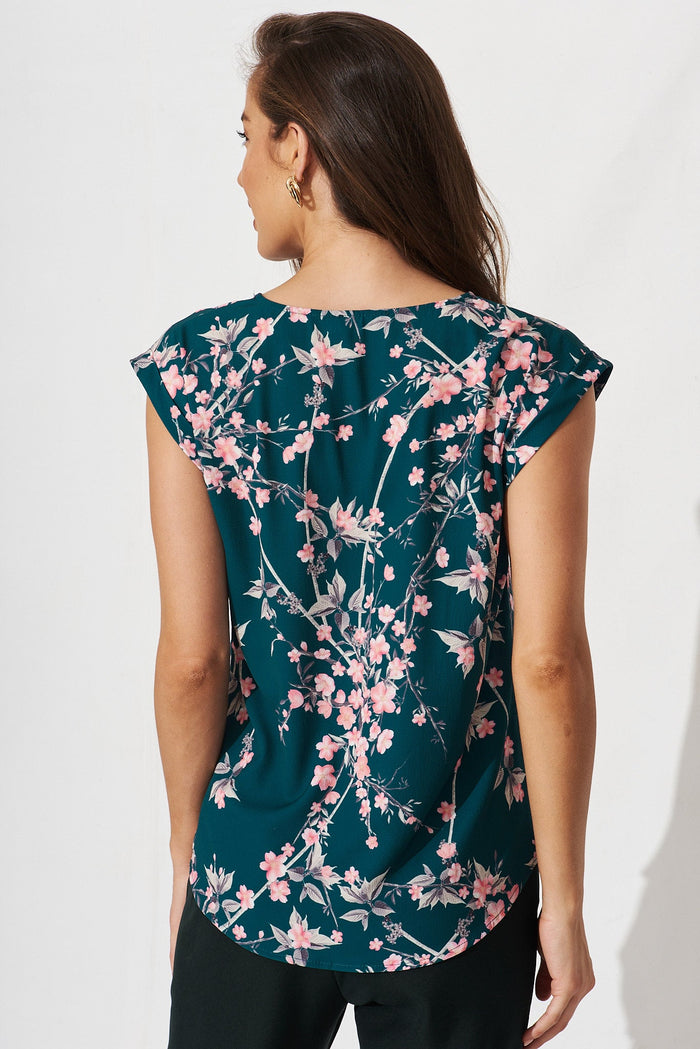 Jina Top In Teal With Pink Cherry Blossom - back