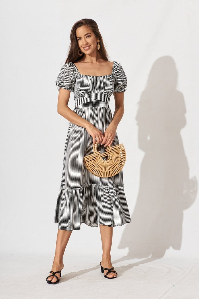 Candie Midi Dress In White With Black Stripe - St Frock (Dev)