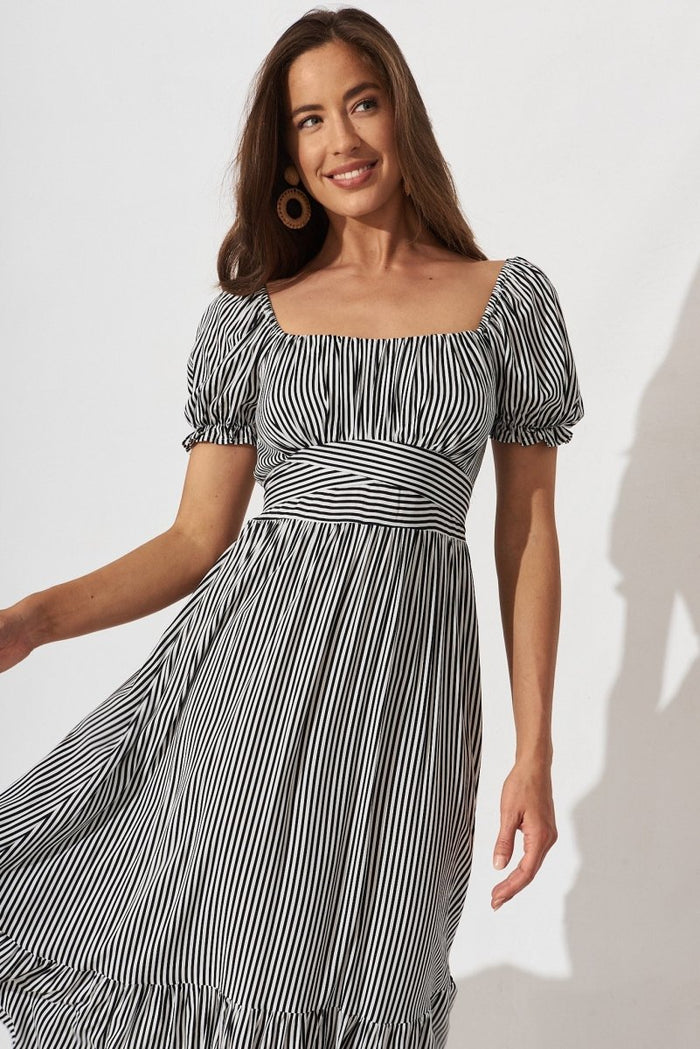 Candie Midi Dress In White With Black Stripe - St Frock (Dev)