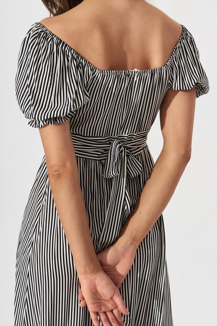 Candie Midi Dress In White With Black Stripe - St Frock (Dev)