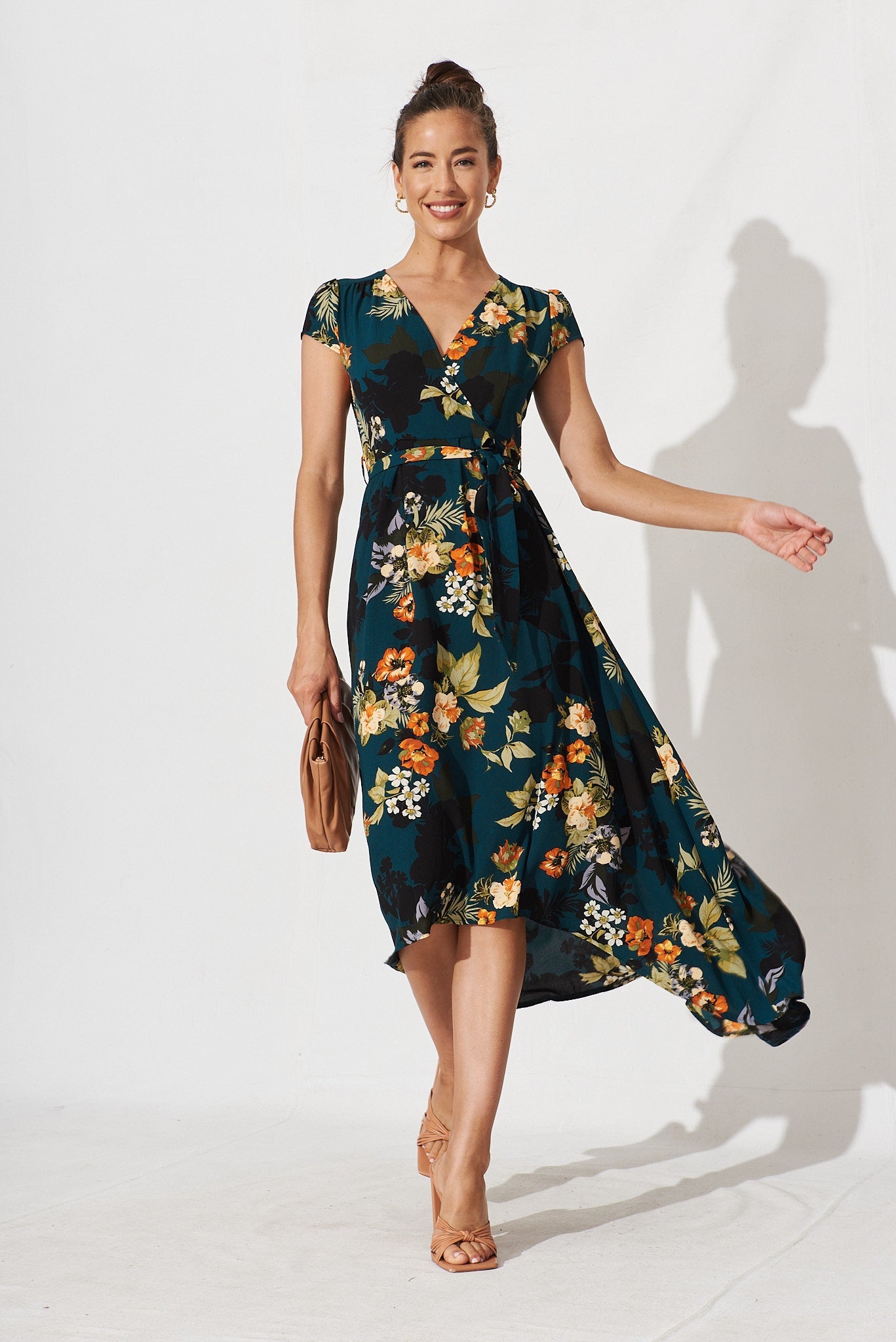 Krissy Mock Wrap Dress In Green With Apricot Floral - full length