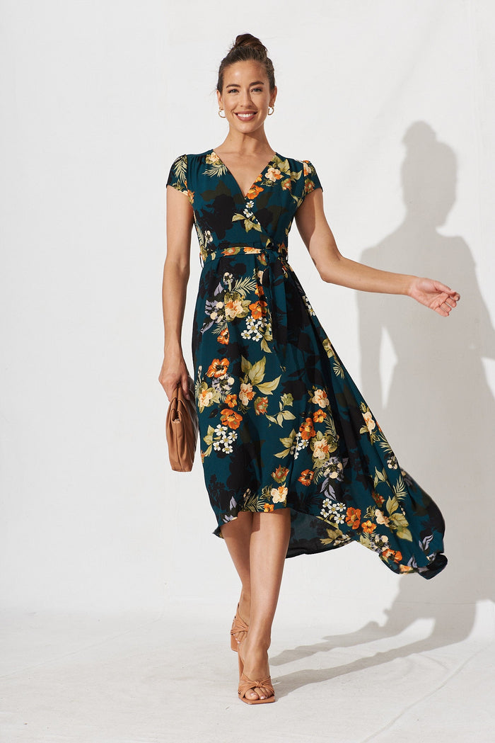 Krissy Mock Wrap Dress In Green With Apricot Floral - full length
