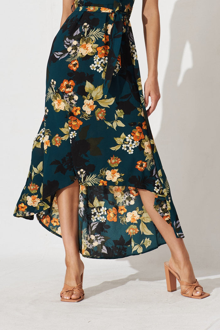 Krissy Mock Wrap Dress In Green With Apricot Floral - detail