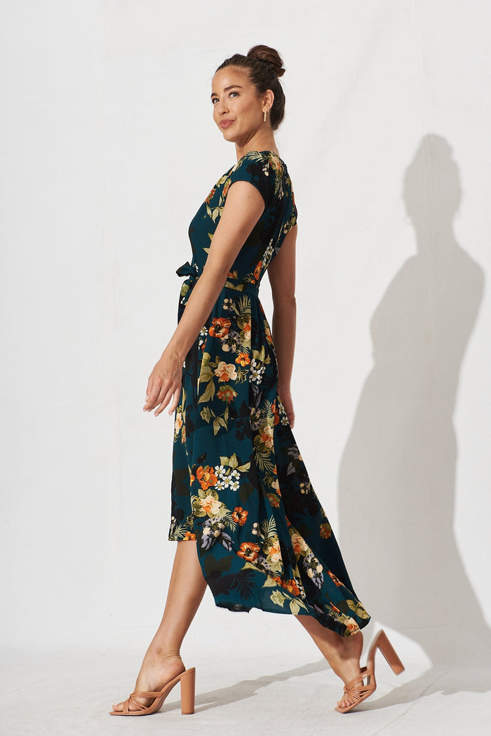 Krissy Mock Wrap Dress In Green With Apricot Floral - side