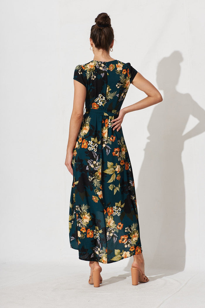 Krissy Mock Wrap Dress In Green With Apricot Floral - back