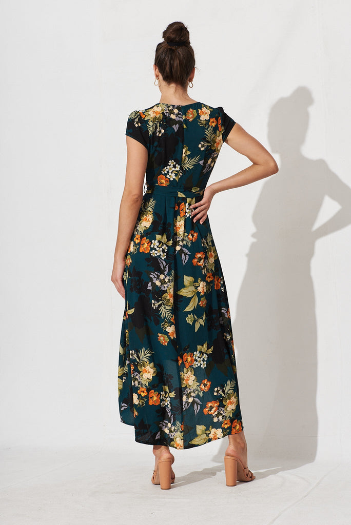 Krissy Mock Wrap Dress In Green With Apricot Floral - back