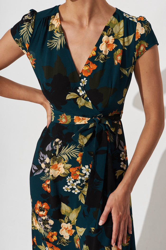 Krissy Mock Wrap Dress In Green With Apricot Floral - detail